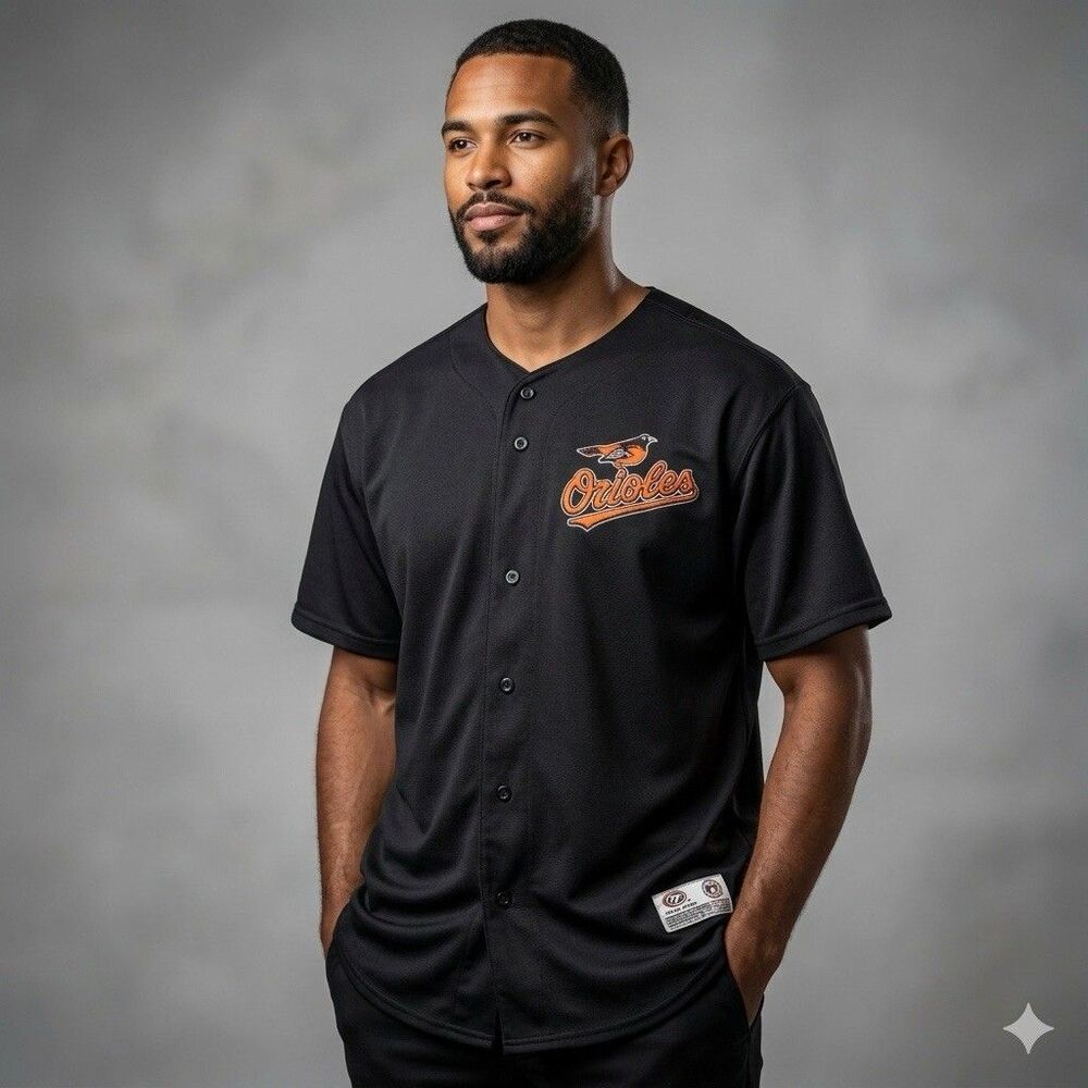 True Fan MLB Baltimore Orioles Baseball Jersey XL Black Button Front Bird Logo